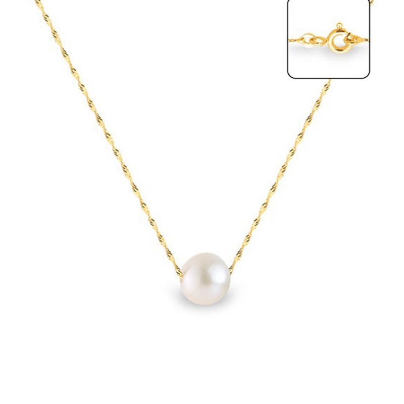 Collier Femme Ras du Cou et Chaine Singapour Or jaune 750/1000 et Perle de Culture d'eau douce Blanche