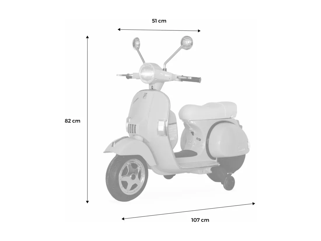 Vespa rouge PX150. scooter électrique pour enfants 12V 4.5Ah. 1 place avec autoradio