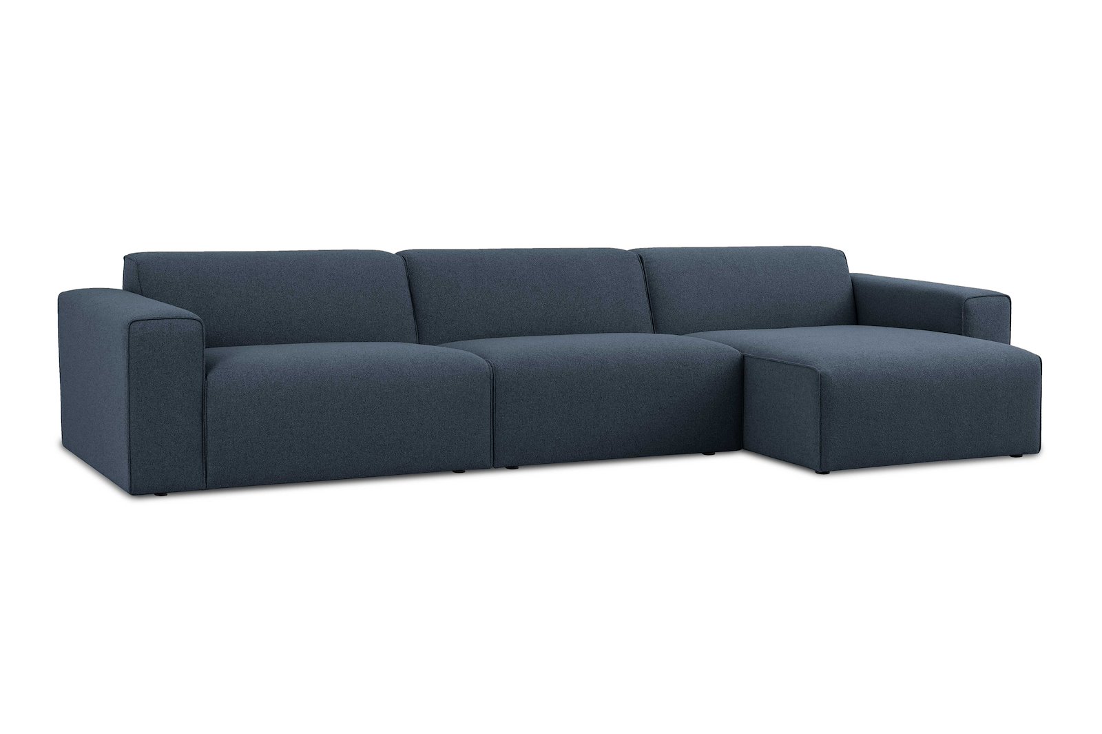 Styl 3-seter med sjeselong høyre Duo puter. Tekstil Lombardo 16/2 Dark Blue med sorte ben.