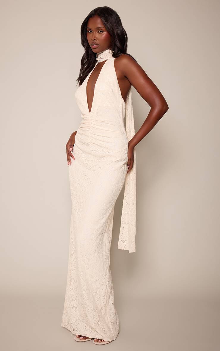 Citron Robe Longue En Dentelle À Encolure Plongeante Dos-nu Avec Détail Foulard