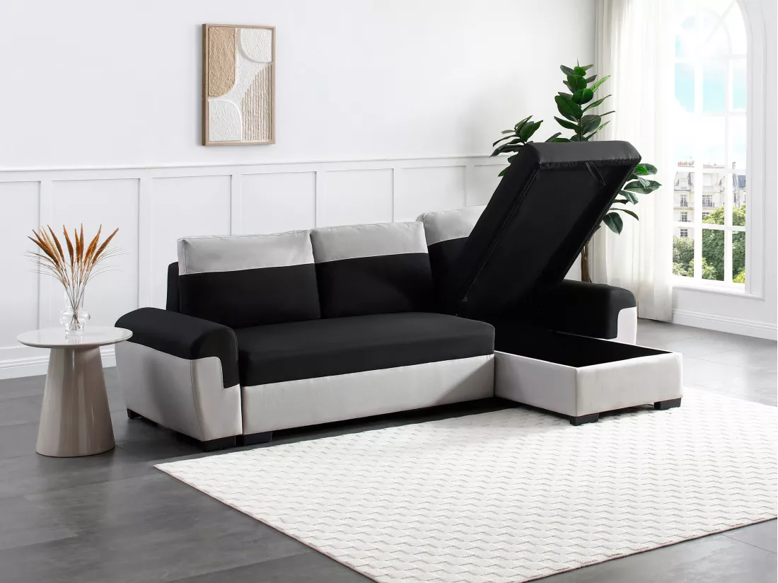 Canapé d'angle réversible et convertible en tissu noir et gris clair GABY II