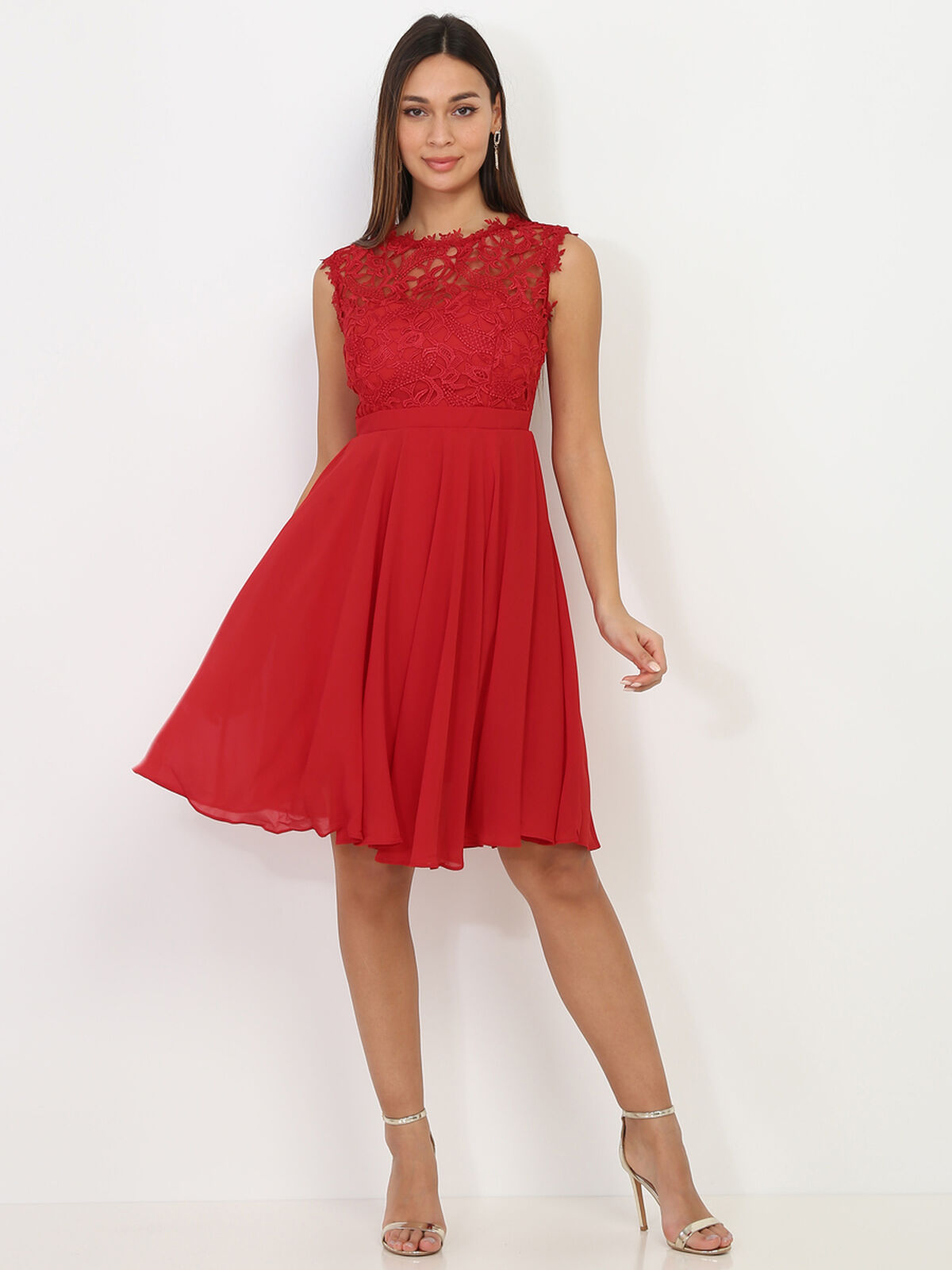 Robe à encolure dentelle grandes tailles- Rouge