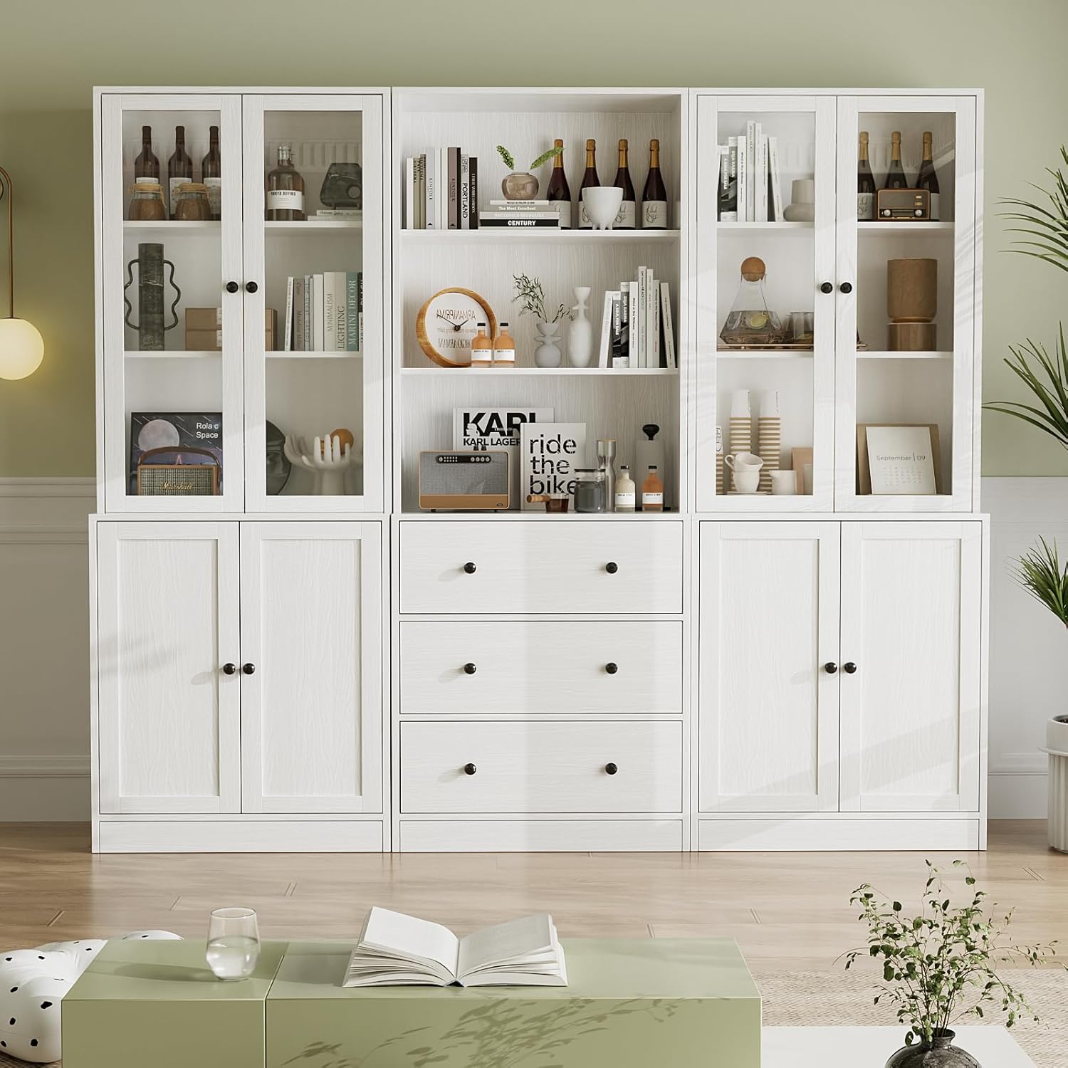 VOWNER 5-stöckiges Bücherregal mit Glastüren, 180 cm Vitrinenschrank, Küchenschränke, Küchenschrank Hochschrank, Buffetschrank für Küche, Wohnzimmer, Esszimmer, weiß, 3PCS (Weiß)