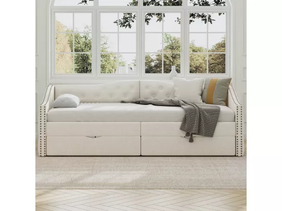 Lit banquette 90x200cm avec 2 tiroirs - tissu en lin - Blanc