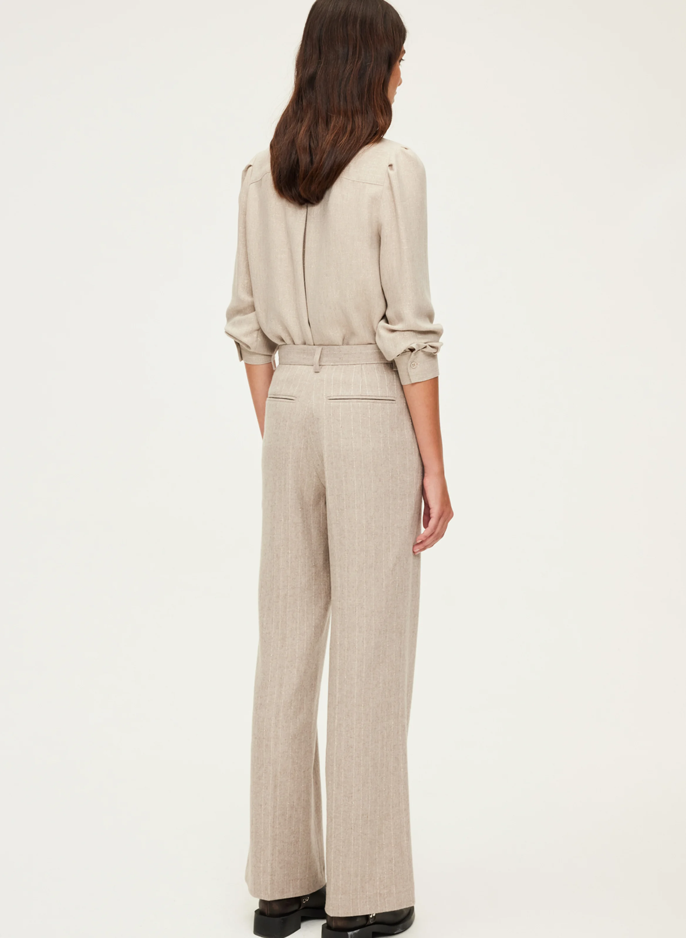 NAYLA - Pantalon large rayé en laine mélangée | Beige