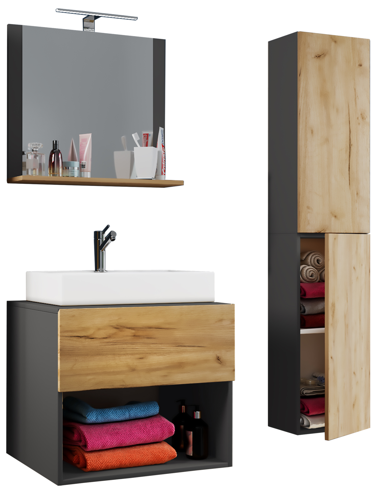 4-teiliges Badmöbel-Set LENDAS II - anthrazit-Honig-Eiche - 93 cm