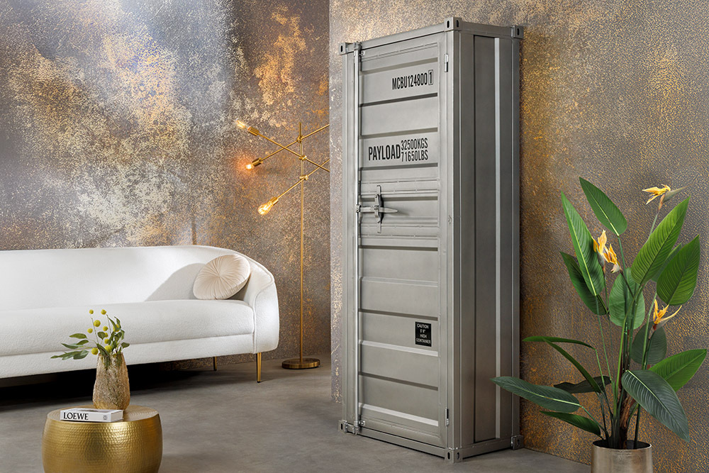 Design Aktenschrank GLOBETROTTER 180cm grau Eisen Container Upcycling Highboard