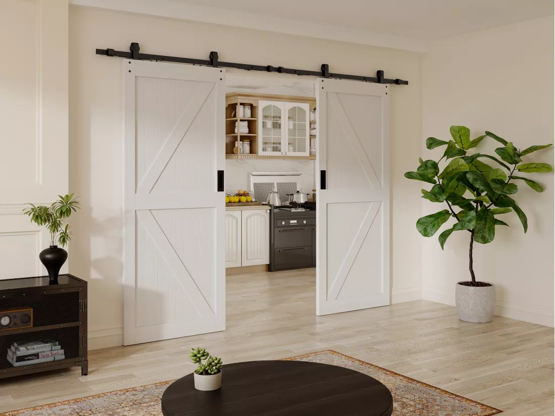 Porte coulissante double avec système en applique - Bois et MDF - blanc - 2 x H205 x 93 cm - NEFARA