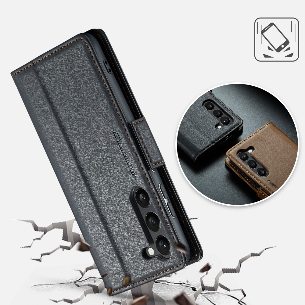 Samsung Galaxy S25 Leder Tasche Flip Wallet Etui mit Kartenfächern Litchi Look (RFID Schutz) - Schwarz