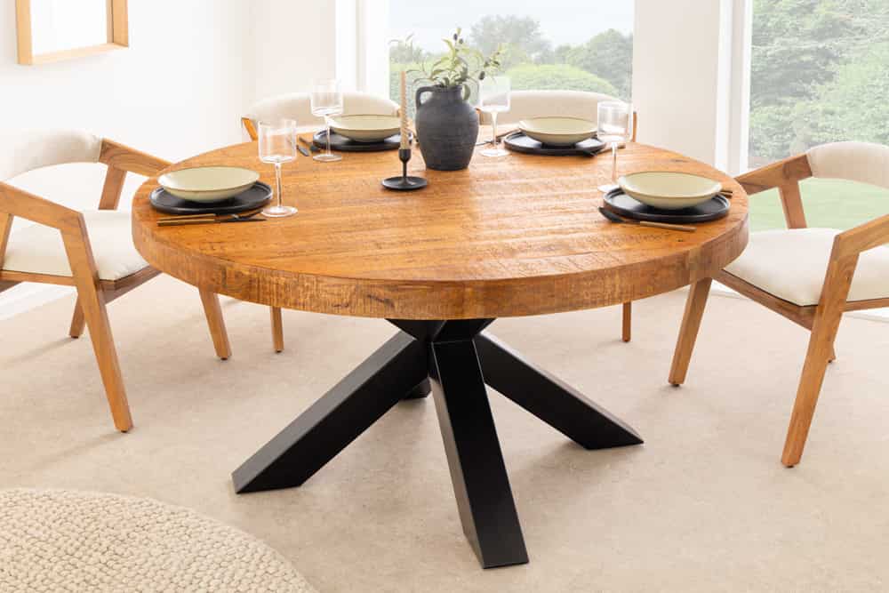Runder Esstisch THOR 140cm natur massives Mangoholz schwarzes Metallgestell