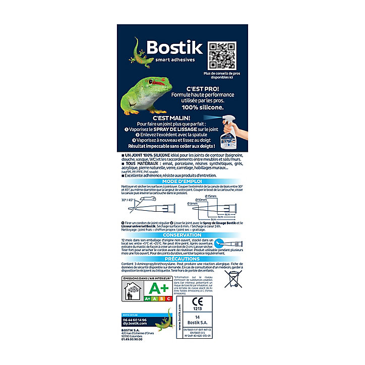 Mastic d’étanchéité spécial salle de bain blanc Bostik Joint Parfait tous matériaux, cartouche de 280 ml