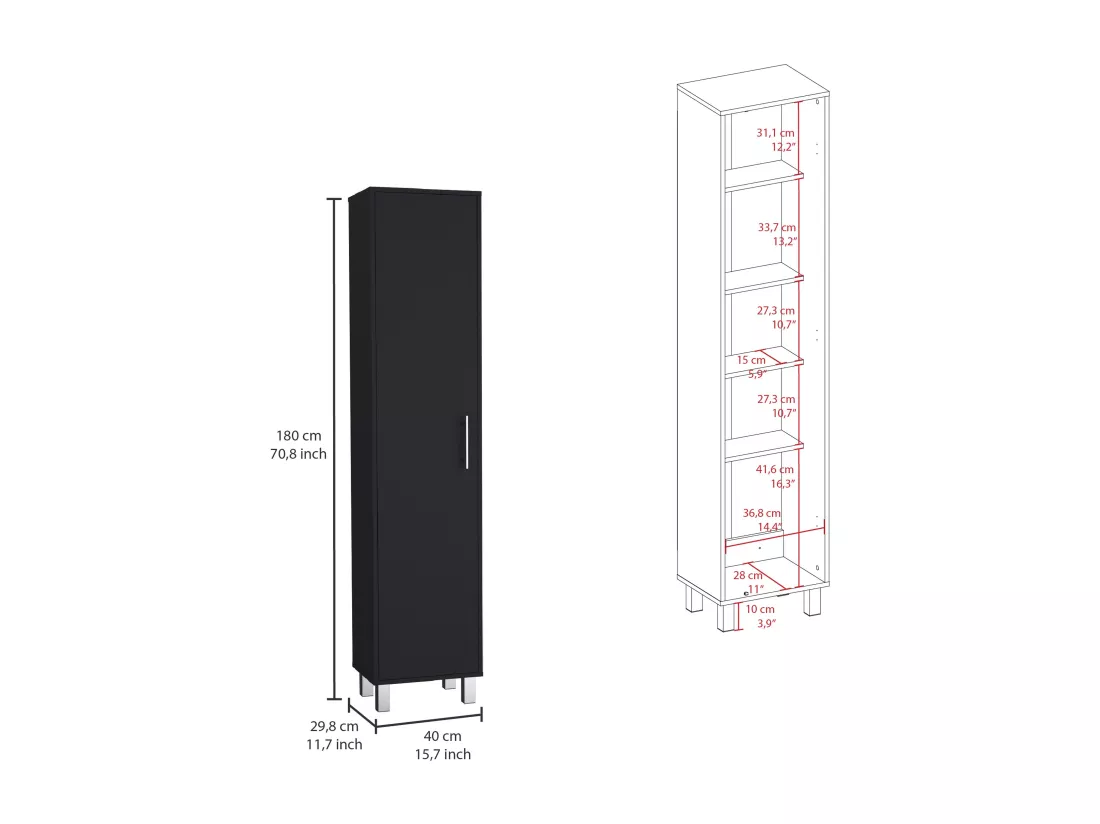 Colonne de salle de bain Laska avec 5 étagères et 1 porte, noir, 180 cm X 40 cm X 29.8 cm