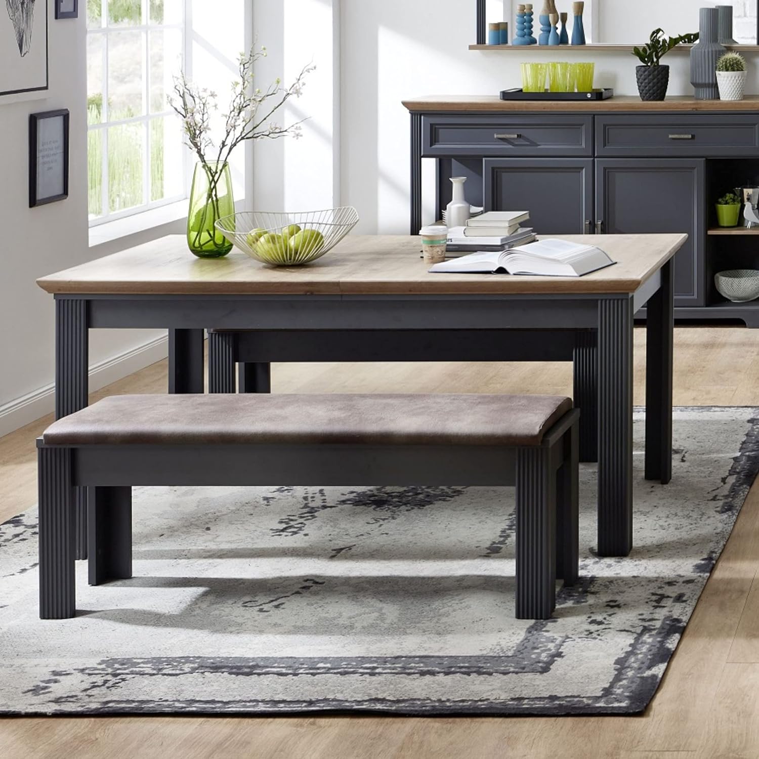 Stella Trading JASMIN Sitzbank in Braun, Graphit - Esszimmerbank in Leder-Optik für Ihren Wohn- & Essbereich im Landhausstil - 126 x 48 x 41 cm (B/H/T)