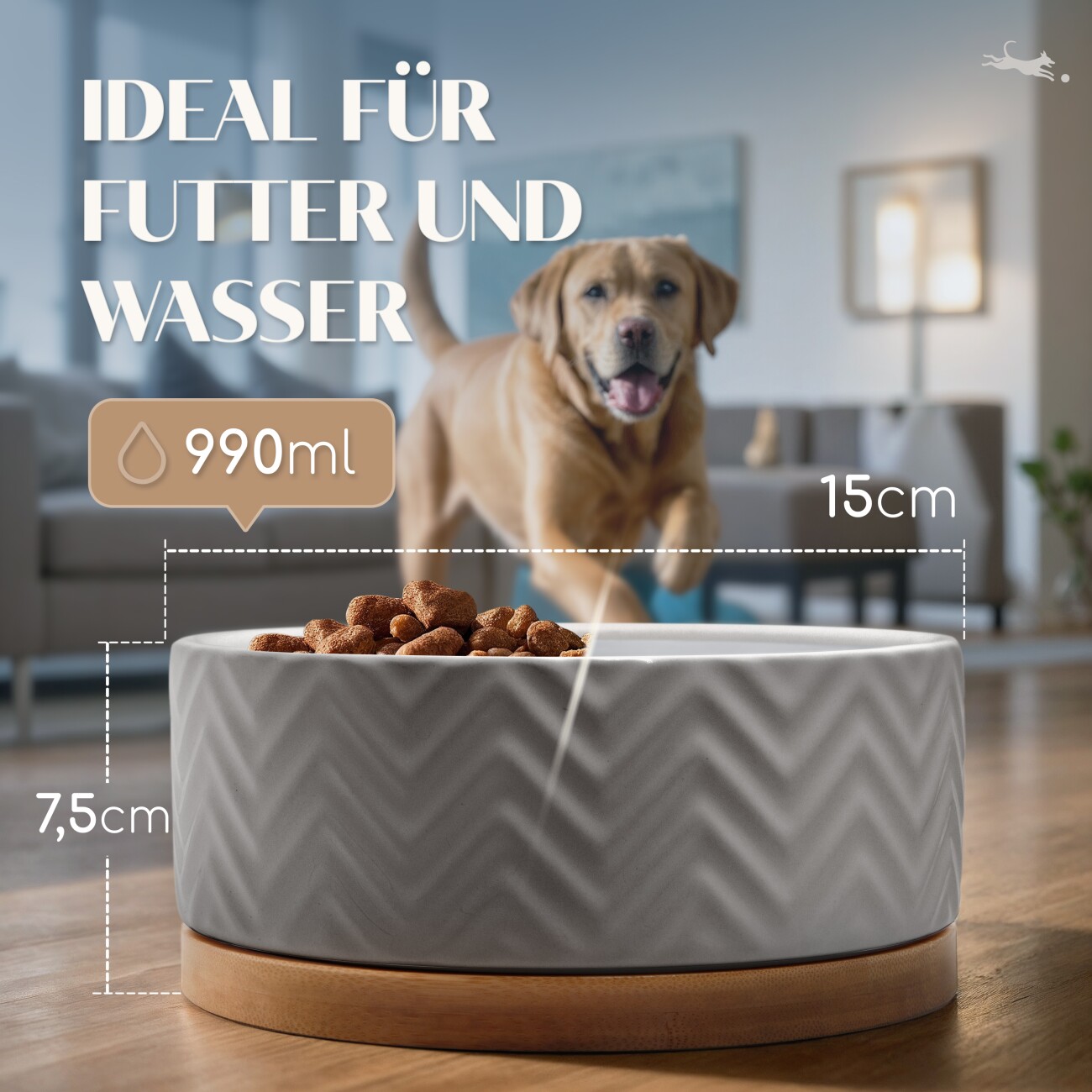 Freudentier Hundenapf aus Keramik mit Bambus-Boden - 990ml Fassungsvermögen grau