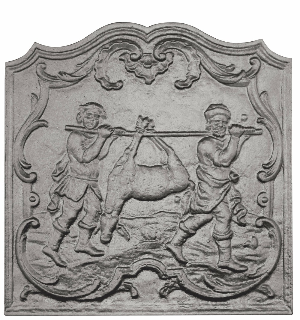 Plaque de cheminée le chasseur, son fils et la biche grise h. 61 cm x l. 60 cm