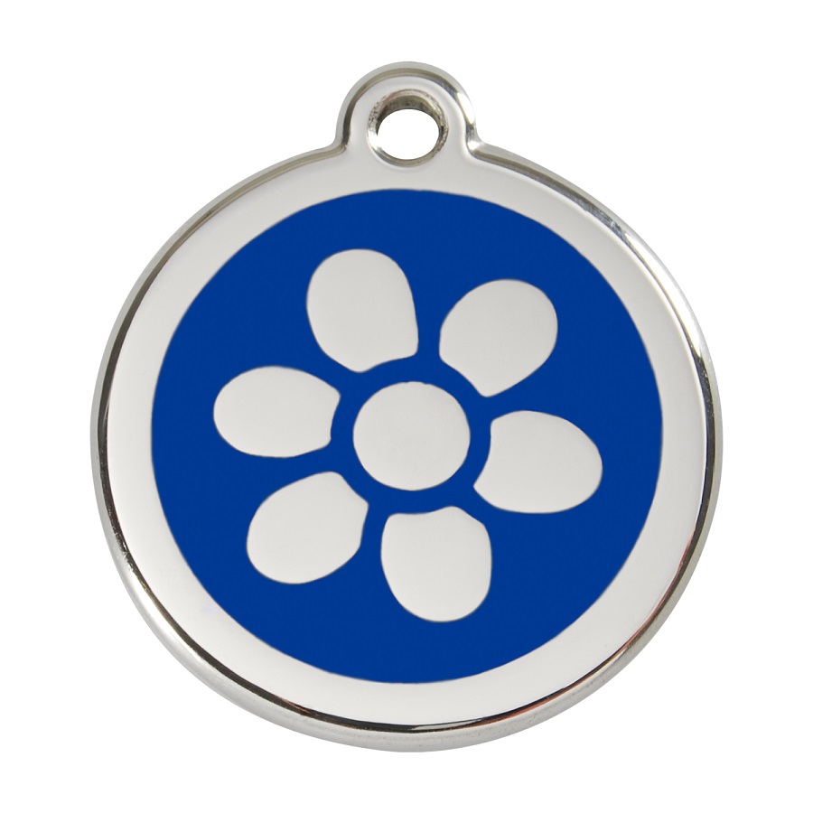 Placa de identificação para cães em aço inoxidável esmaltado com flor azul