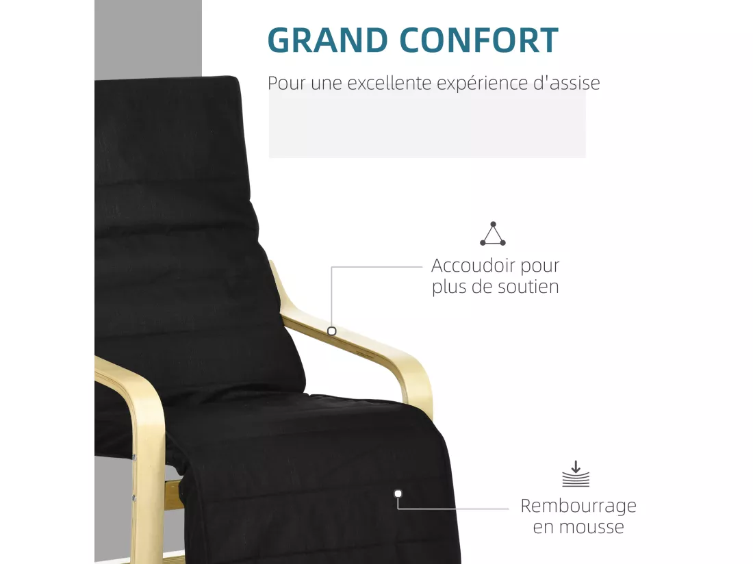 Fauteuil style nordique - repose-pied réglable - déhoussable - bois de bouleau tissu noir