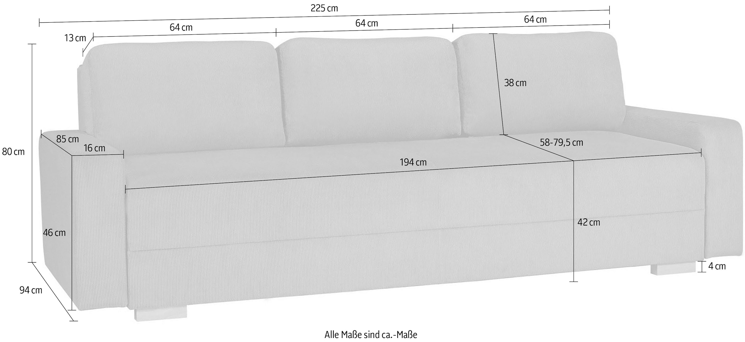 Home affaire 3-Sitzer »SHERIDIAN Schlafsofa mit Bettkasten, in Feincord & Velvet« mit Wellenunterfederung, moderne Bezüge, B/H/T 225/94/80