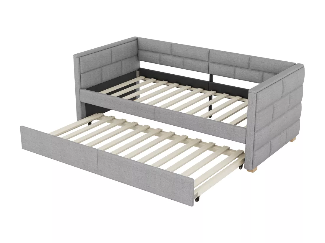 Lit banqueet avec lit gigogne 90x190/200cm - en tissu lin - Gris