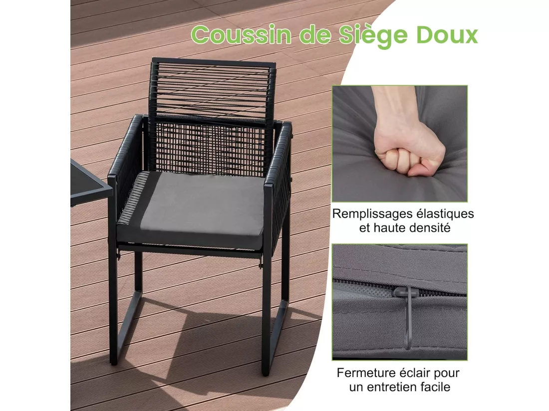 Ensemble de Meubles de Patio 3 Pcs en Rotin et fibre naturelle PE avec Dossier Pliant Charge 150KG, Salon de Jardin avec Coussins Plateau de Table en Verre Trempé, pour Jardin Bord de Piscine
