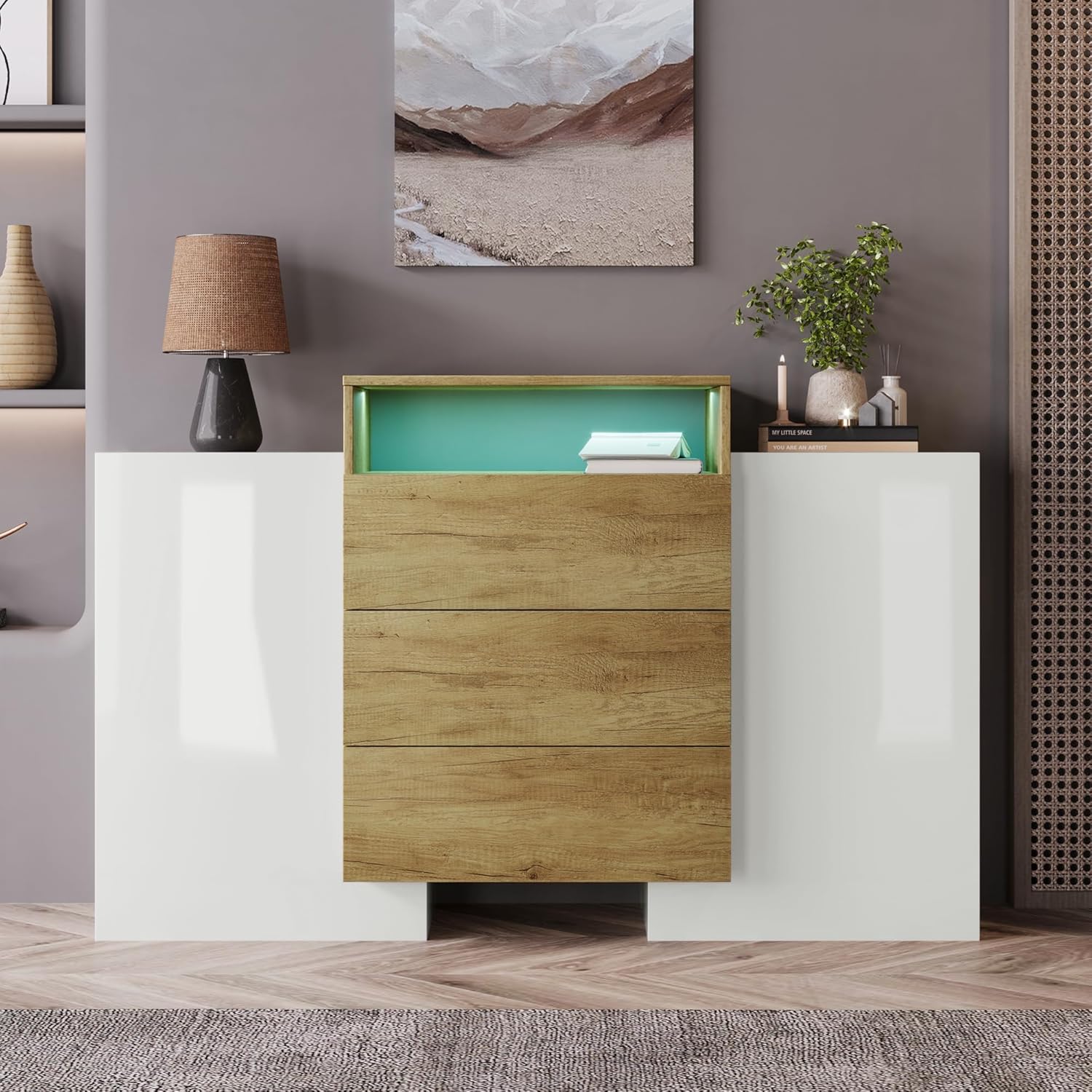 Moimhear Sideboard, Kommode, 140x30x77.5cm, Hochglanz-Weiß und Holzfarbe, LED-Lichteffekte, Teilweise glänzende Oberfläche