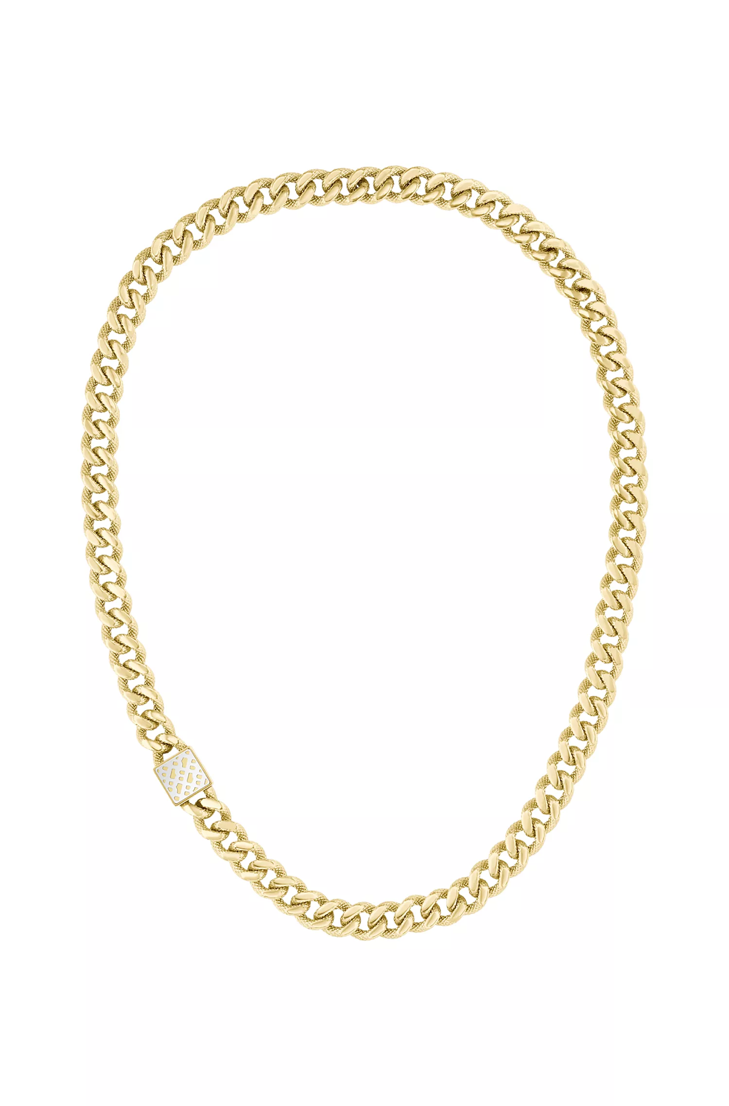 Colar BOSS com corrente curb em preto e amarelo com efeito dourado e monograma quadrado.