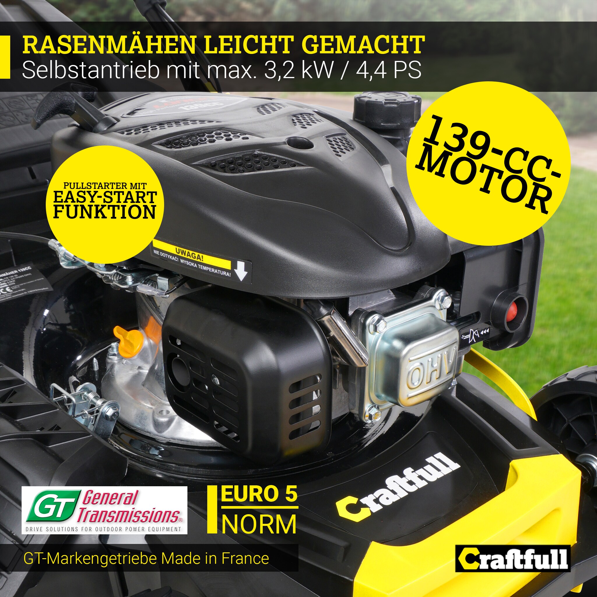 Craftfull Premium Benzin-Rasenmäher CR-139-20, 5in1, GT-Leichtlaufgetriebe, 139-cc-Motor, Easy-Clean