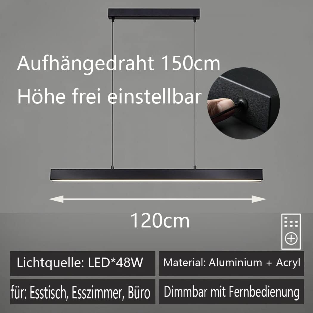 dimmbare LED Pendelleuchte schwarz Moderne Hängeleuchte mit Fernbedienung Pendellampe linear Design höhenverstellbar Kronleuchter Lampe für Esstisch Esszimmer Sekretariat Küche Leuchte (L120cm/48W) …