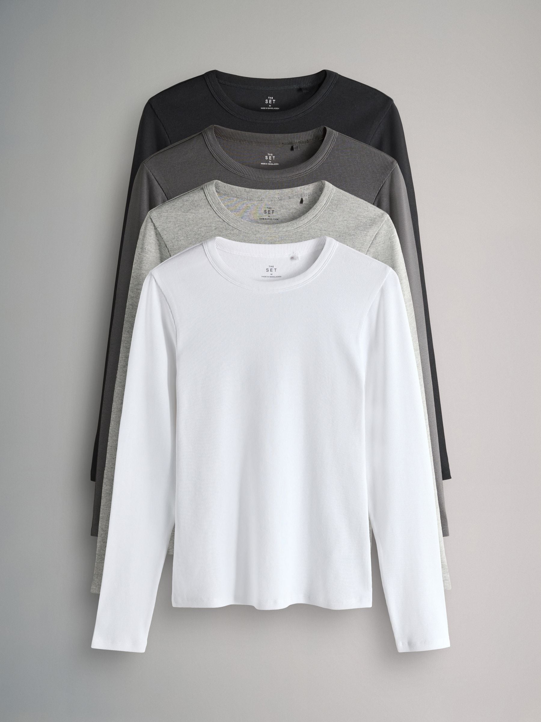 Zwart/antracietgrijs/lichtgrijs gemêleerd/wit - The Set van 4 geribde T-shirts met lange mouwen