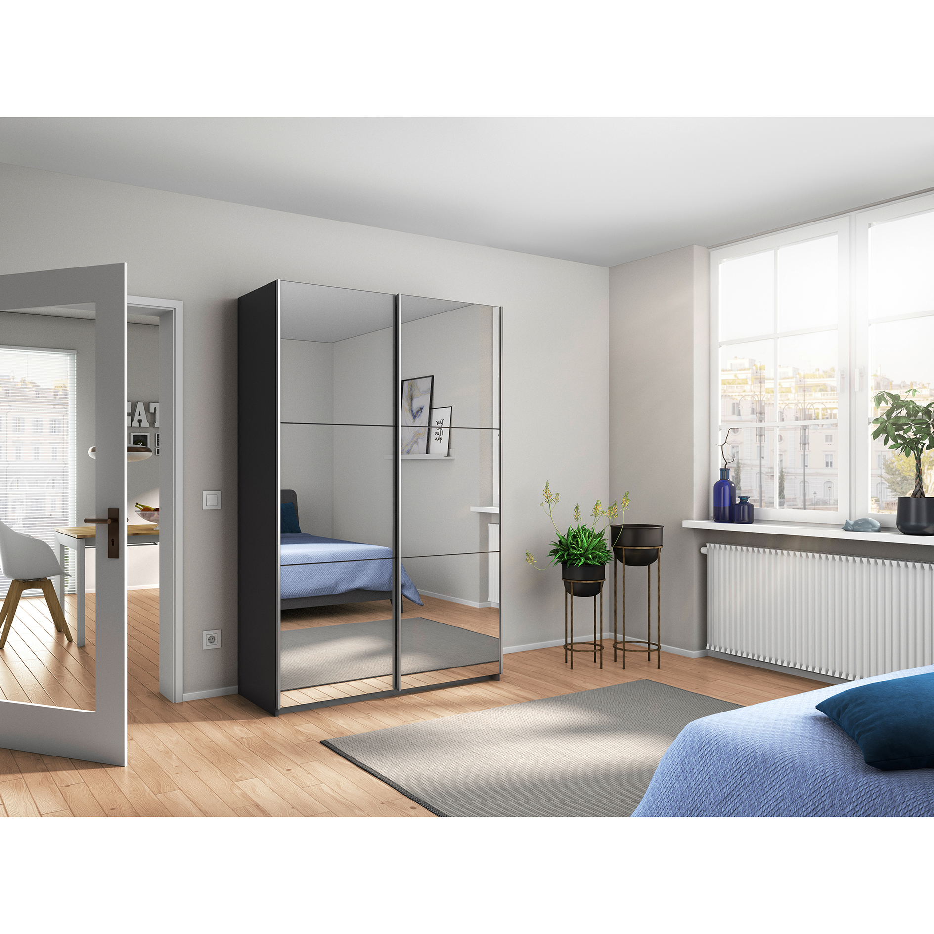 Schwebetürenschrank - grau-metallic-alufarben - 131 cm