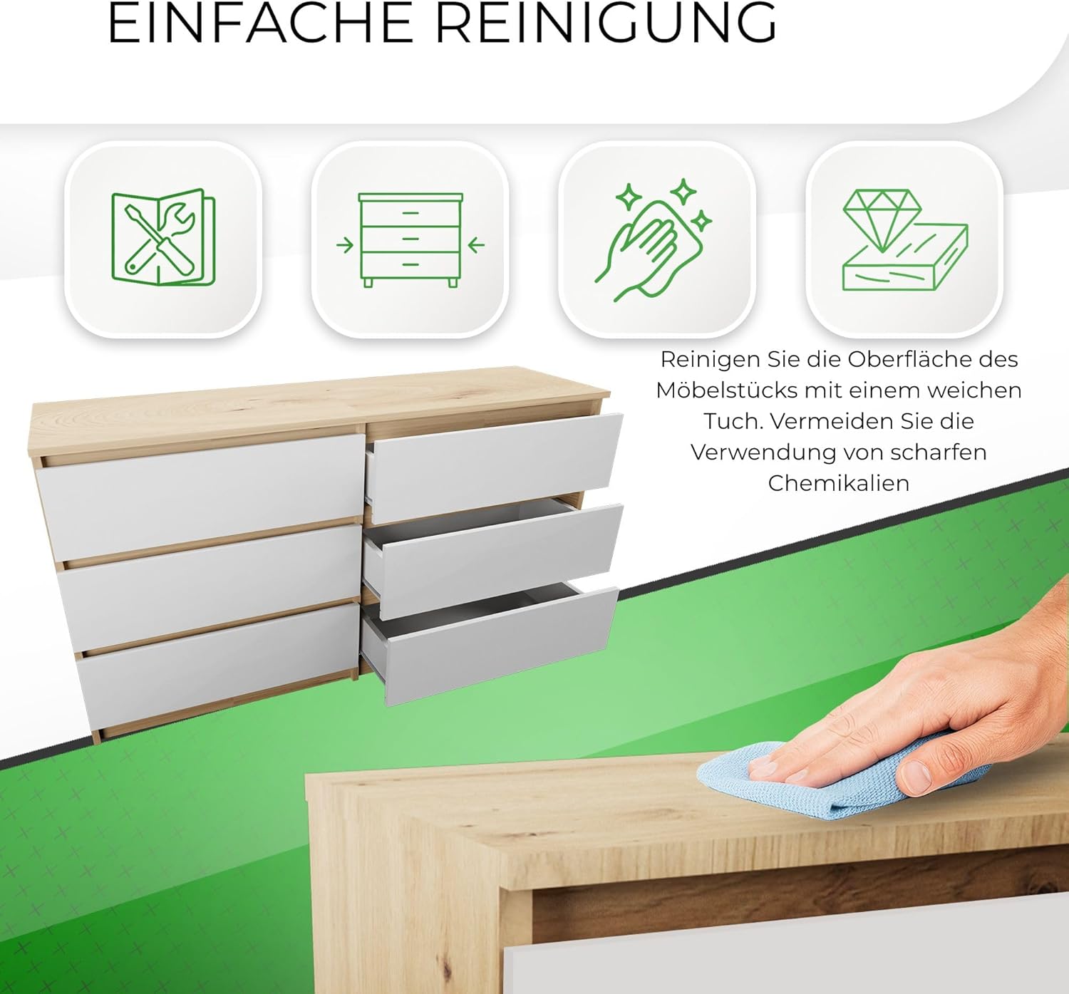CDF Kommode Artisan Weiß mit 6 Schubladen Komodenschrank Komode für Wohnzimmer Schlafzimmer Schubladenschrank Malwa M6 140