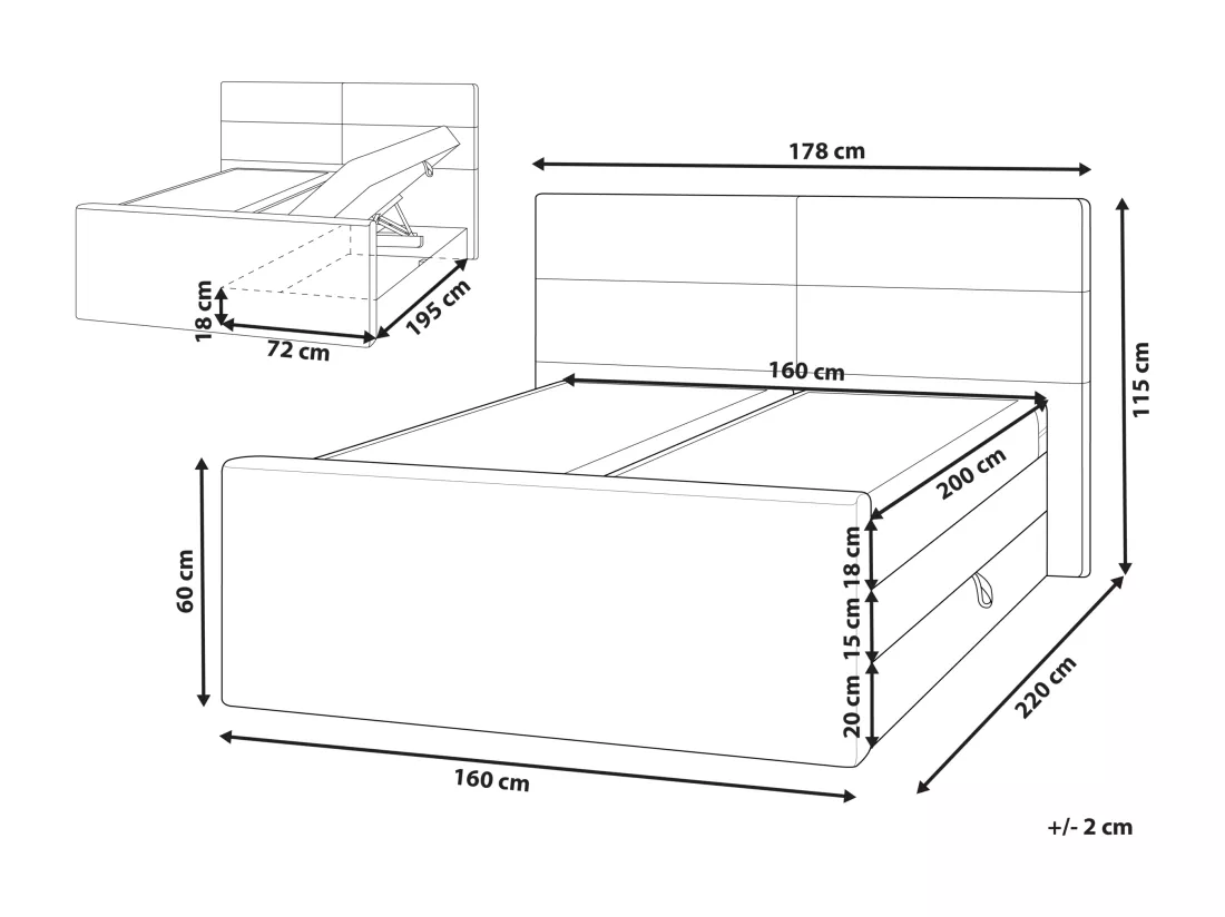 Lit boxspring avec rangement Tissu ARISTOCRAT 160 x 200 cm Gris clair