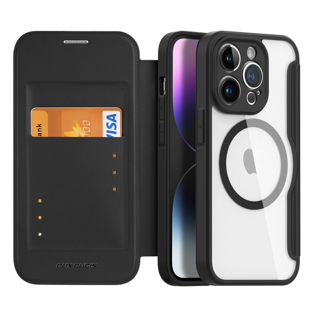 iPhone 14 Pro MagSafe Hybrid Leder Tasche   Kunststoff Rückseite - Schwarz / Transparent