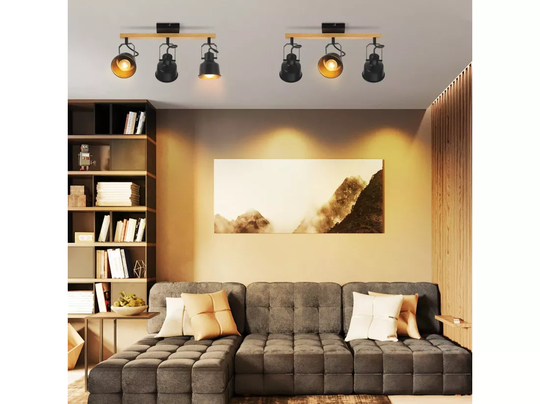 NETTLIFE Spot de Plafond 3 Flammes Orientable à 350° Vintage E14 de conception de haute qualité en bois veiné