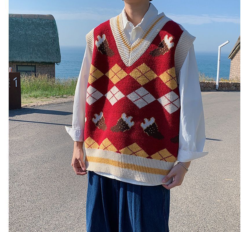Hushgrain - V-hals Argyle Print Trui Vest