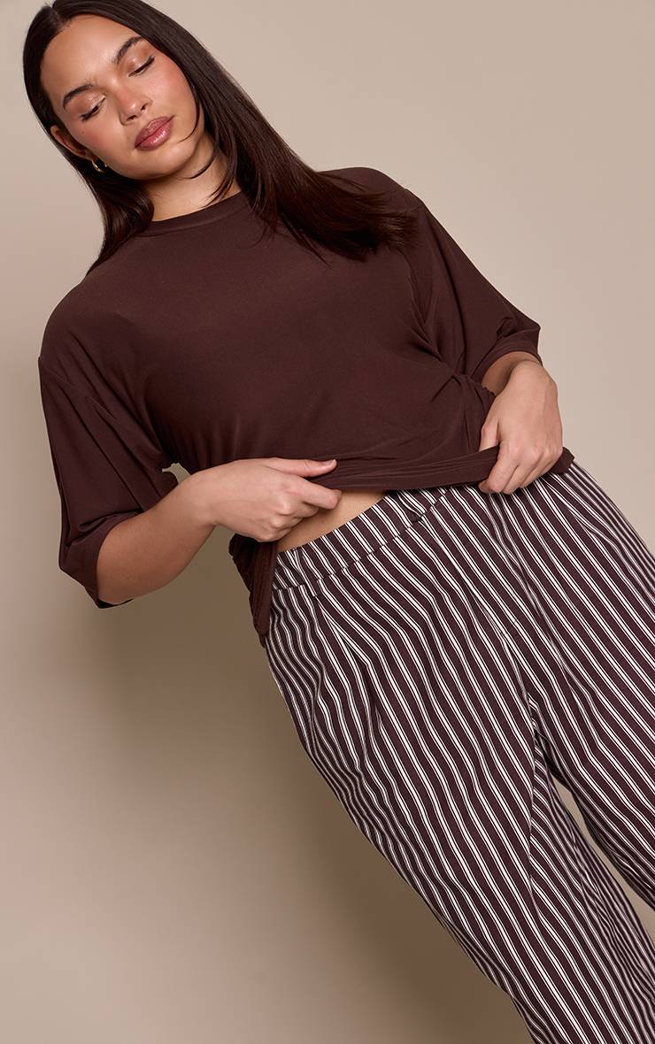 Chocolat Pantalon Grande Taille Droit Ajusté En Lin À Rayures