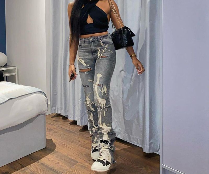 Kobeque - High Rise Splatter Print Distressed Straight Leg Jeans