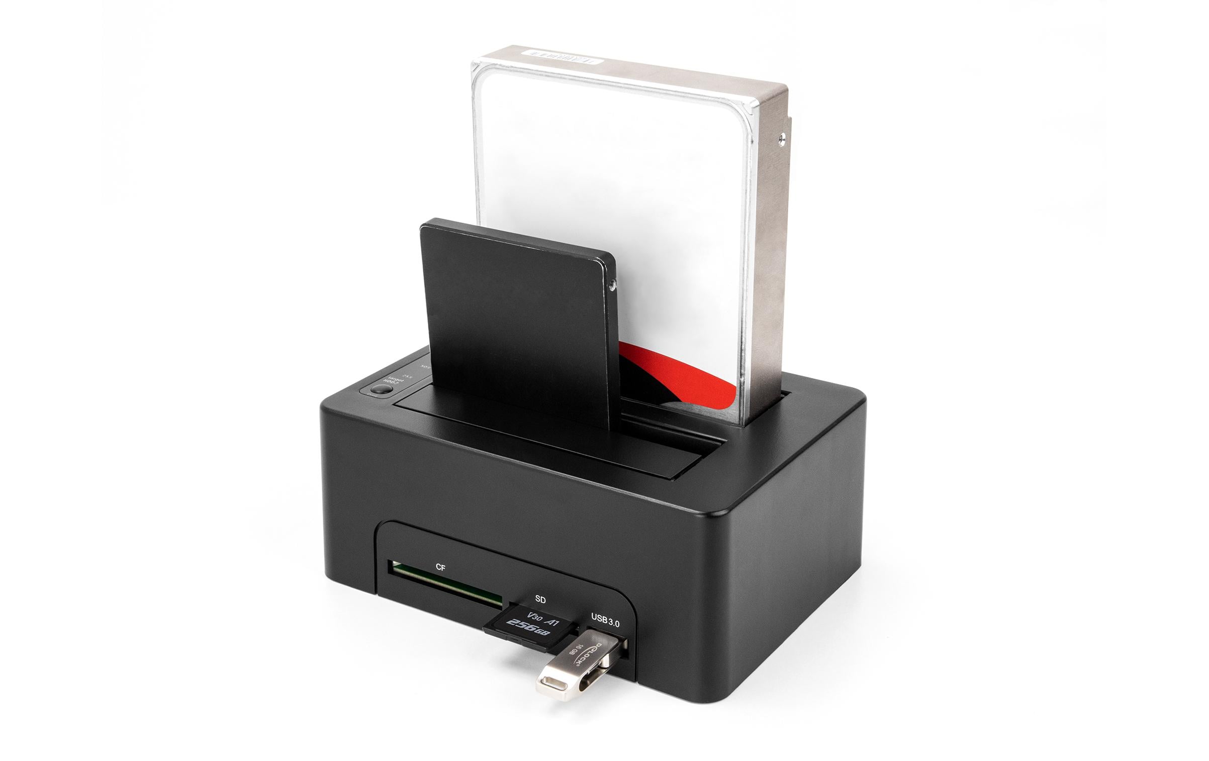 Docking- und Klonstation USB-C – 2 x SATA HDD/SSDUSB-Dockingstation für 2 x SATA HDD/SSD mit Klon Funktion und Card Reader