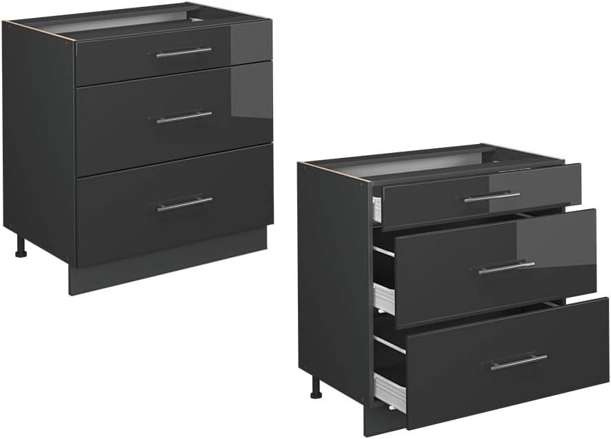 Vicco Küchenunterschrank Fame-Line, Anthrazit Hochglanz, 80 cm mit 3 Schubladen, ohne Arbeitsplatte
