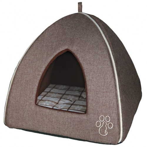 Cama marrom em formato de iglu para gatos