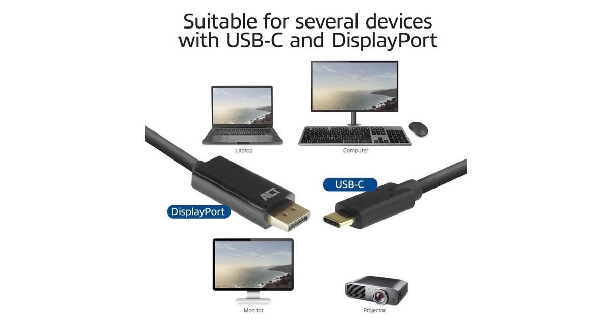 ACT ConnectivityUSB-C naar DisplayPort kabel  (Zwart, 2 meter, AC7325, 60Hz 4K (2160p))