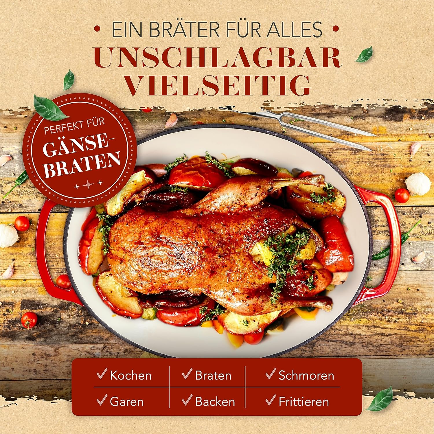 KRUSTENZAUBER 37,5cm Gusseisen Bräter mit Deckel backofengeeignet inkl. Fleischgabel - Großer ca. 10l Gänsebräter - Idealer Topf XXL, Schmortopf Kazan Gusseisen Bräter Induktion Oval