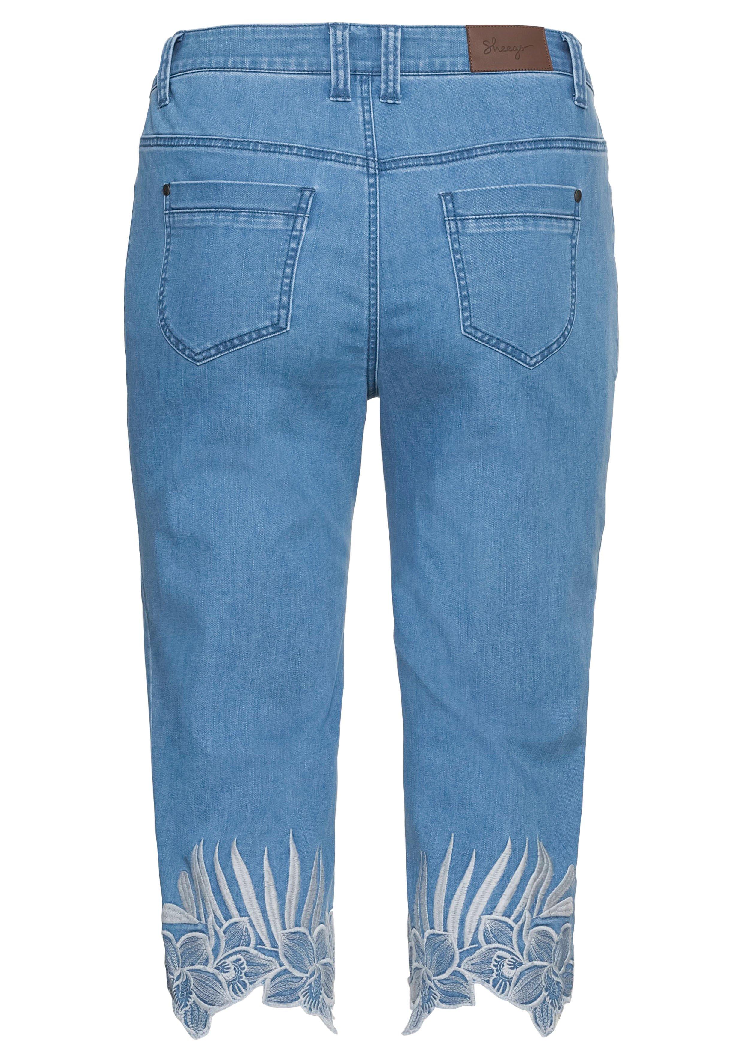 3/4-Jeans mit Stickerei und Spitze am Saum