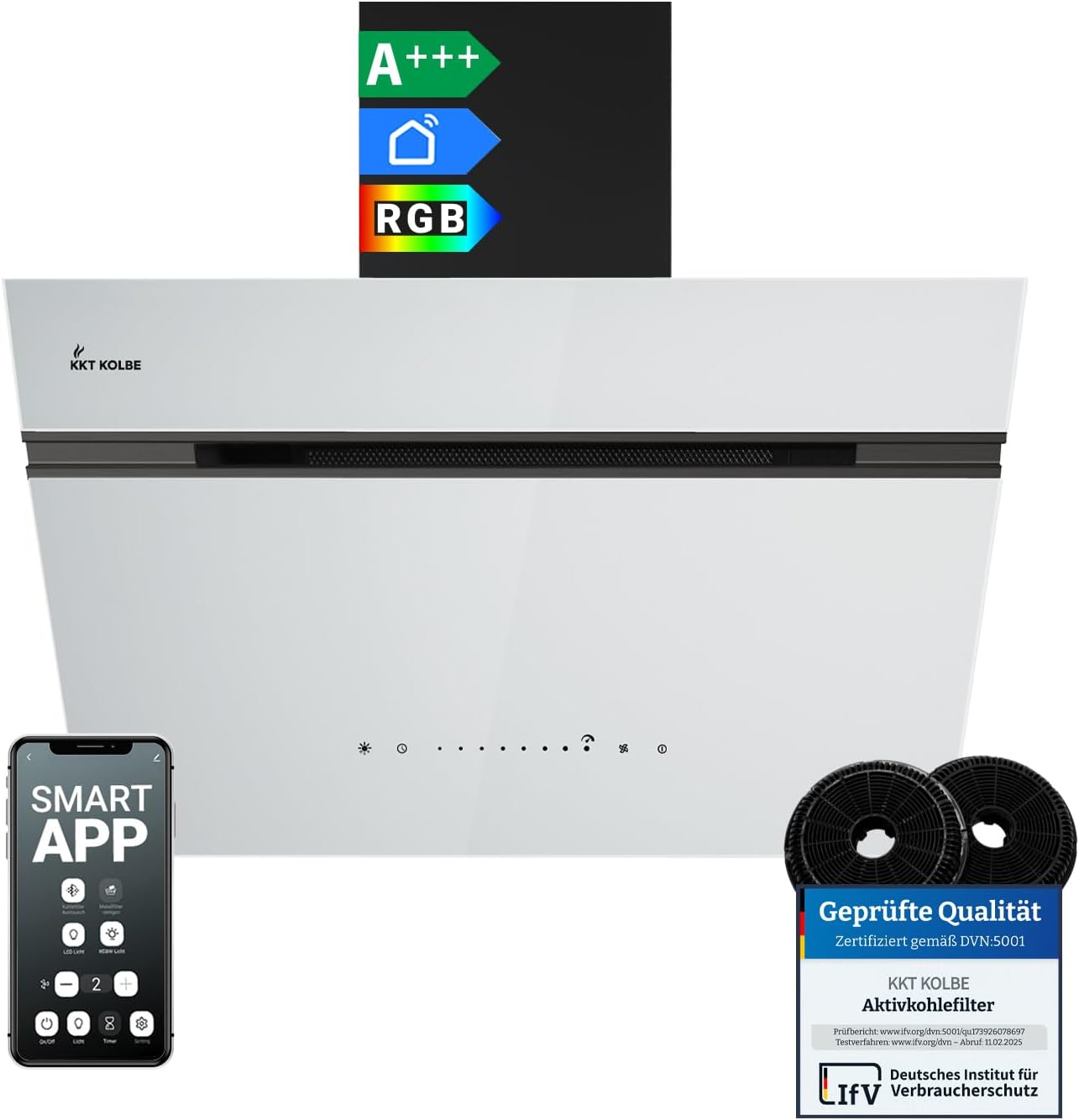 KKT KOLBE A+++ Dunstabzugshaube 60 cm 782 cbm/h Umluft Abluft Kopffrei Wandhaube | Schwarz Weiß Glas | Nachlaufautomatik | Smart WiFi App WLAN | SensorTouch | RGBW LED-Beleuchtung | AURORA6005SW