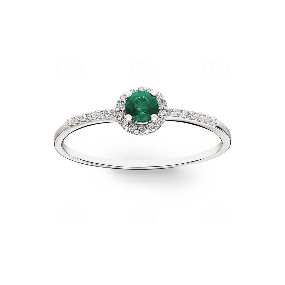 Damenring 750/18 K Weissgold mit Smaragd rund und Diamanten 0.07 ct H/si