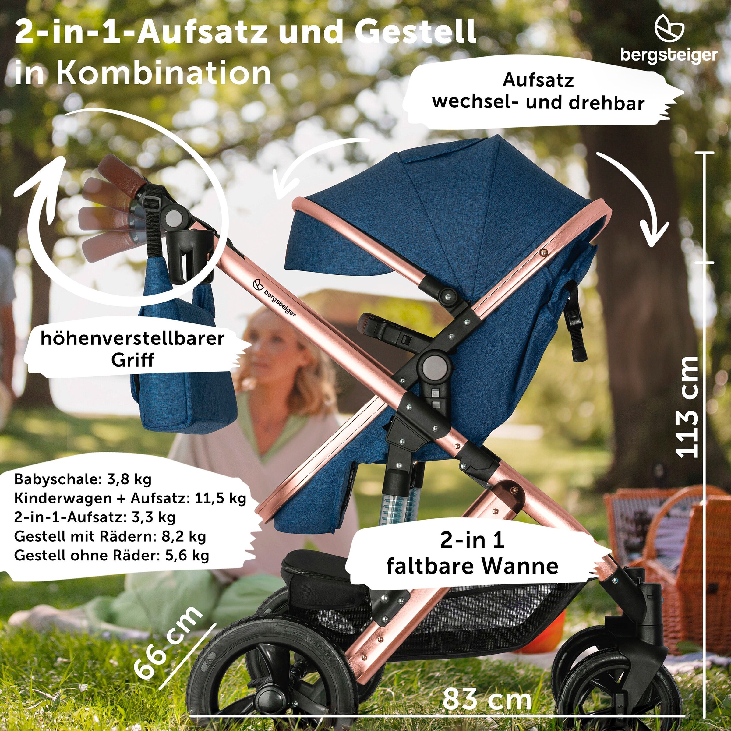 Bergsteiger Kinderwagen Nizza + Babyschale blue | Gestell: rose golden