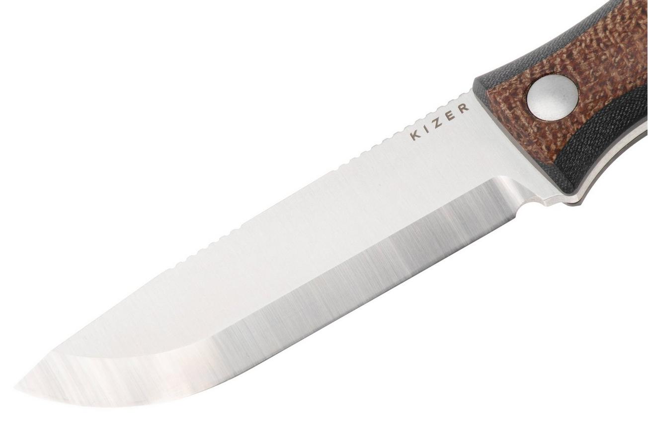 Kizer Polaris 1100A3, Satin AEB-L, Brown G10 / Burlap Micarta vaststaand mes, Azo design