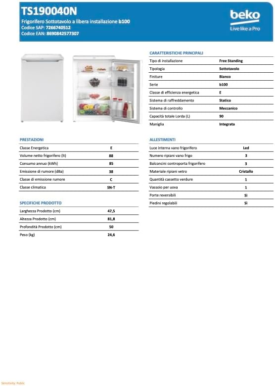 Beko TS190040N Réfrigérateur pose libre 88 l Capacité totale 88 l Butée de porte interchangeable Bon éclairage dans l'appareil 38 dB Étagères en verre robuste Blanc