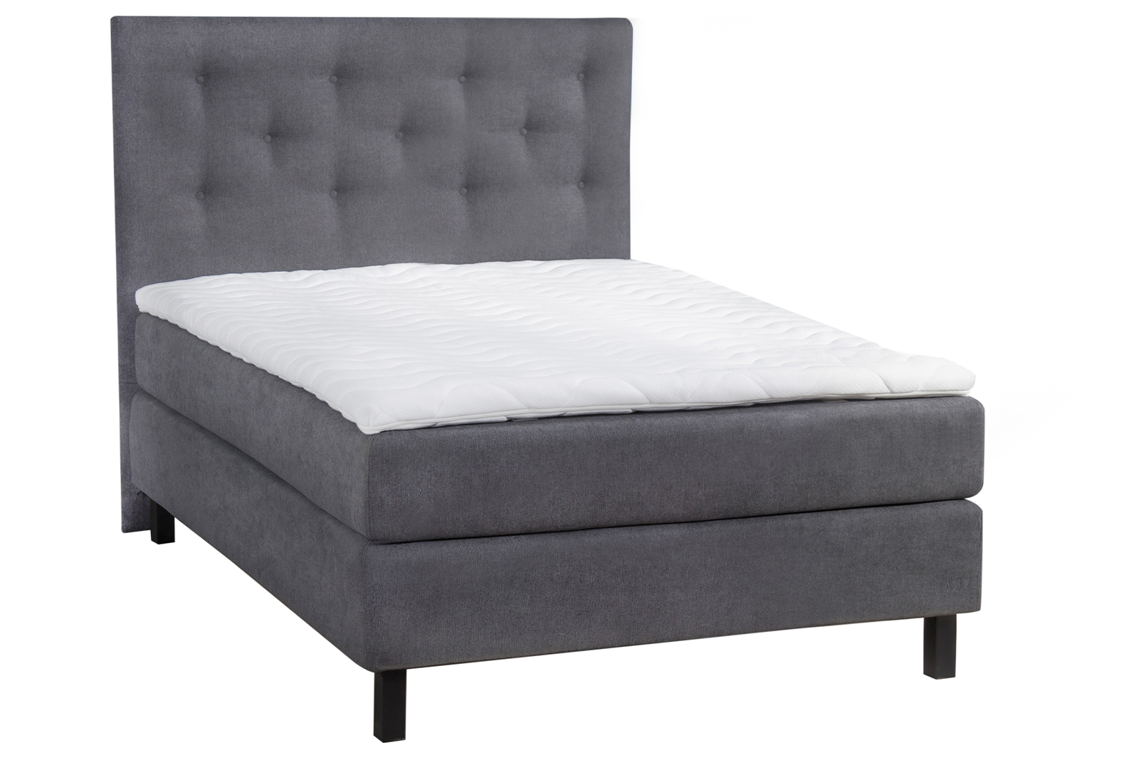 Komfort 5 kontinentalseng 120x200 cm i tekstil Primo mørk grå 96 med fast fasthet, Komfort 5 overmadrass og firkantet sorte ben 15 cm