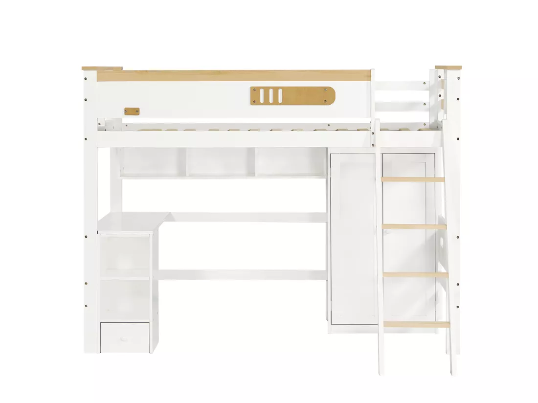 Lit superposé pour enfants 90x200 cm, avec garde-corps, table et armoire, échelle, blanc + couleurs naturelles